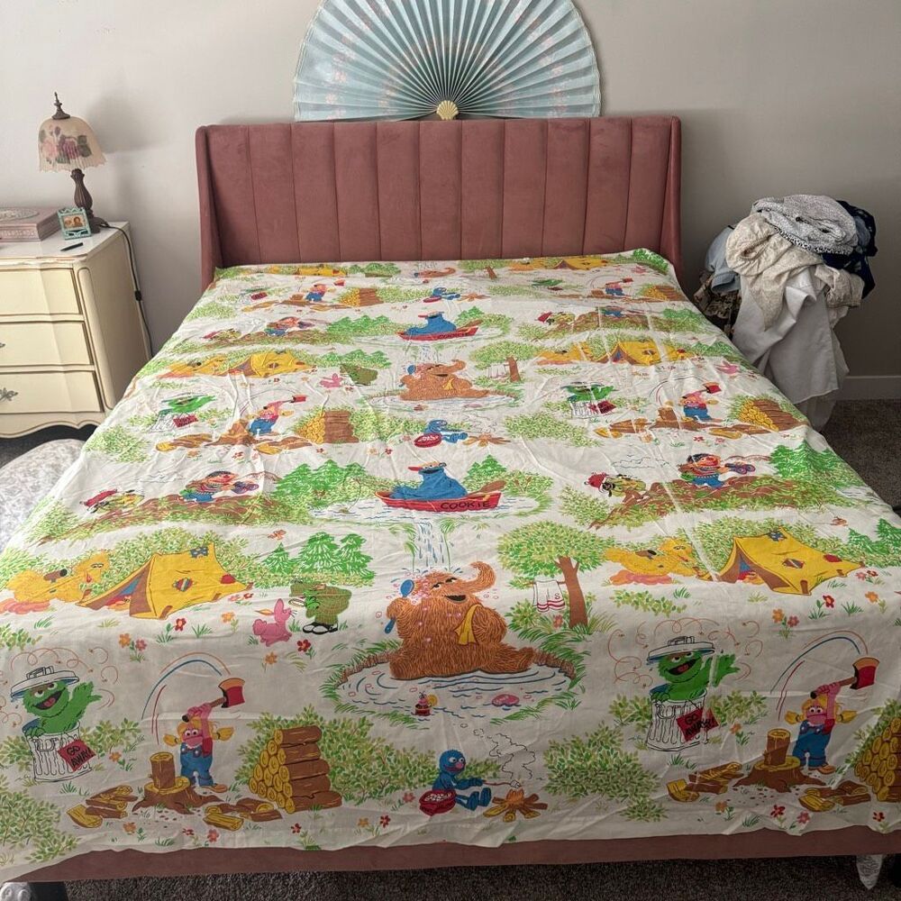 Vtg 80s Sesame Street Twin Flat Sheet Camping Theme Big Bird Cookie Monster